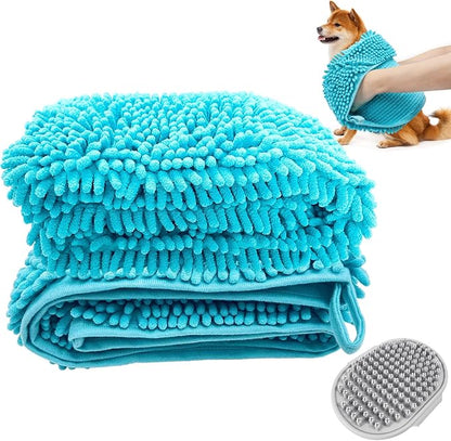 Premium Dog Drying Towel & Bath Brush Set – Super Absorbent Sherpa Microfiber Pet Towel for Fast Drying, Gentle Cleaning & Coat Care | Safe for Dogs & Cats