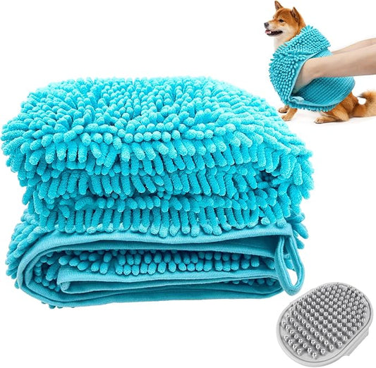 Premium Dog Drying Towel & Bath Brush Set – Super Absorbent Sherpa Microfiber Pet Towel for Fast Drying, Gentle Cleaning & Coat Care | Safe for Dogs & Cats