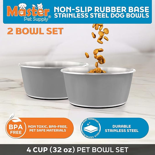 Master Pet Supply Stainless Steel Dog Bowls Set of 2 (32 Oz Each) with Non-Slip Rubber Base - Graphite - Basic Dog Food Bowl Water & Food Bowls for Small Medium Large Dogs & Cats, Metal Dish