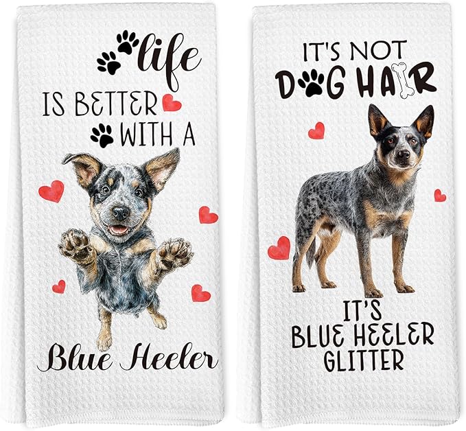 Blue Heeler Gifts Kitchen Towels Set of 2, Dog Funny Hand Towels for Kitchen Bathroom Decor, Blue Heeler for Women Dog Lovers Moms Owners Dishcloths Dish Towel 16X24 Inches