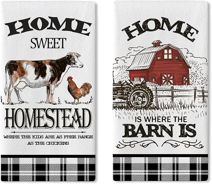 Farm Animals Kitchen Dish Towels Set of 2, Farmhouse Cow Rooster Barn Drying Hand Towel Baking Cooking Cloth, Homestead Tractor Sweet Home Decoration 18 x 26 Inches
