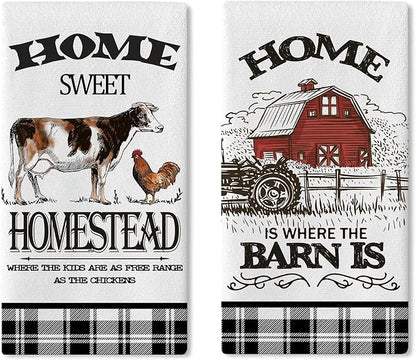 Farm Animals Kitchen Dish Towels Set of 2, Farmhouse Cow Rooster Barn Drying Hand Towel Baking Cooking Cloth, Homestead Tractor Sweet Home Decoration 18 x 26 Inches