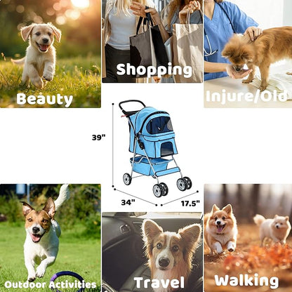 Pet Stroller for Small Medium Dogs & Cats, 4-Wheel Breathable Compact Foldable Dog Carrier with Storage Basket, Outdoor Portable Lightweight Travel Stroller for Camping,Blue