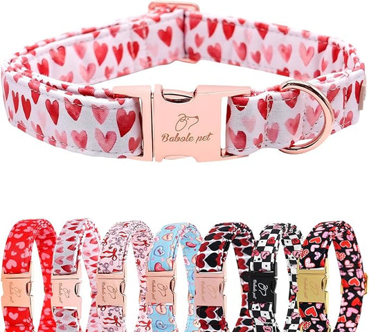 Valentines Dog Collar, White Red Heart Valentine Pet Collar with Metal Buckel, Durable Adjustable Holiday Dog Collars for Small Medium Large Dogs XL