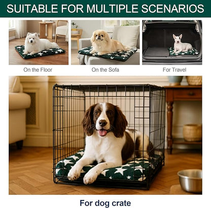 Washable Dog Bed Mat with Anti-Slip Bottom, Deluxe Plush Memory Foam Crate Pad & Waterproof Outdoor Kennel Mat for Dogs & Cats-Durable Crates Beds, Large Medium Small Puppy Size36 x 24",Green