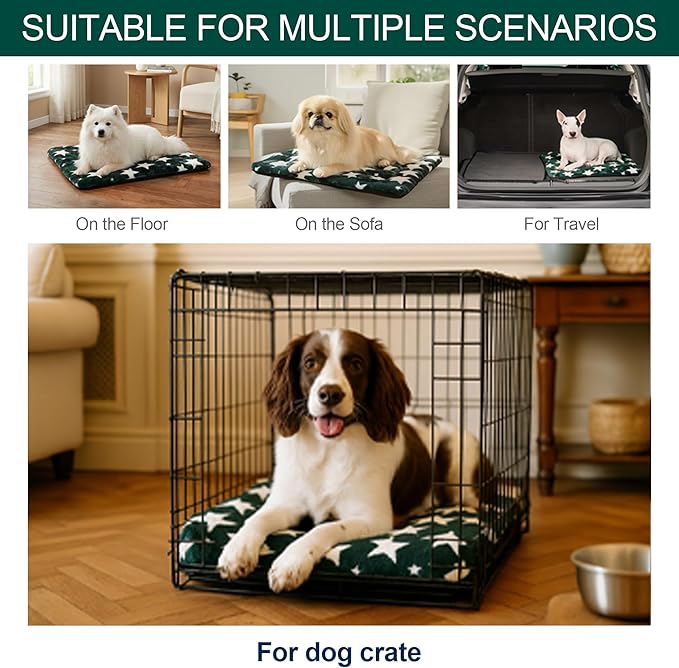 Washable Dog Bed Mat with Anti-Slip Bottom, Deluxe Plush Memory Foam Crate Pad & Waterproof Outdoor Kennel Mat for Dogs & Cats-Durable Crates Beds, Large Medium Small Puppy Size30 x 20",Green