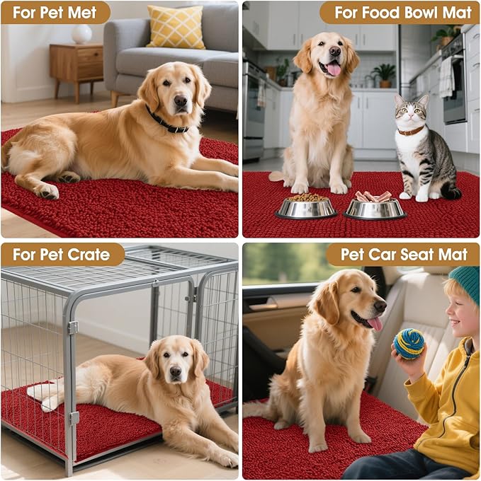 Extra Large Dog Door Mats for Muddy Paws, 71" x 25" Christmas Chenille Absorbent Mud Mat for Dogs, Non Slip Heavy Dog Rugs For Muddy Paws, Soft Indoor Door Mat for Entryway, Mud Paw, Inside Floor, Red