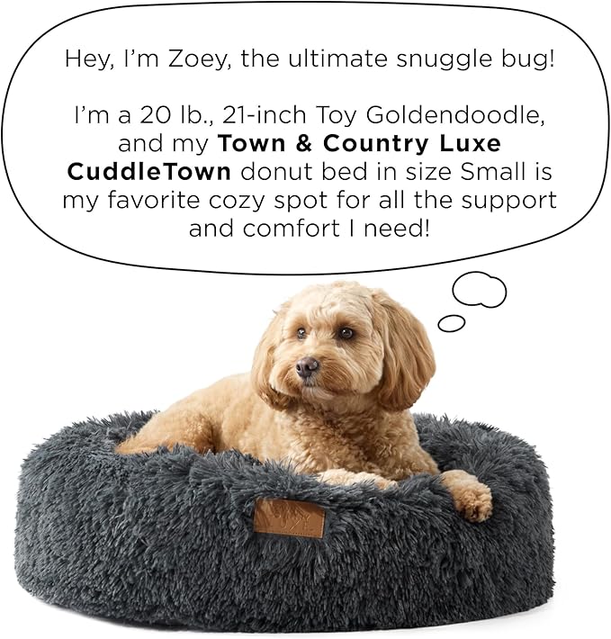 Town & Country Luxe CuddleTown Fuzzy Solid Donut Pet Bed, Soft, Cozy & Calming, Non-Slip Bottom, 100% Machine Washable, Brown, Small 24"x24"x7" Round