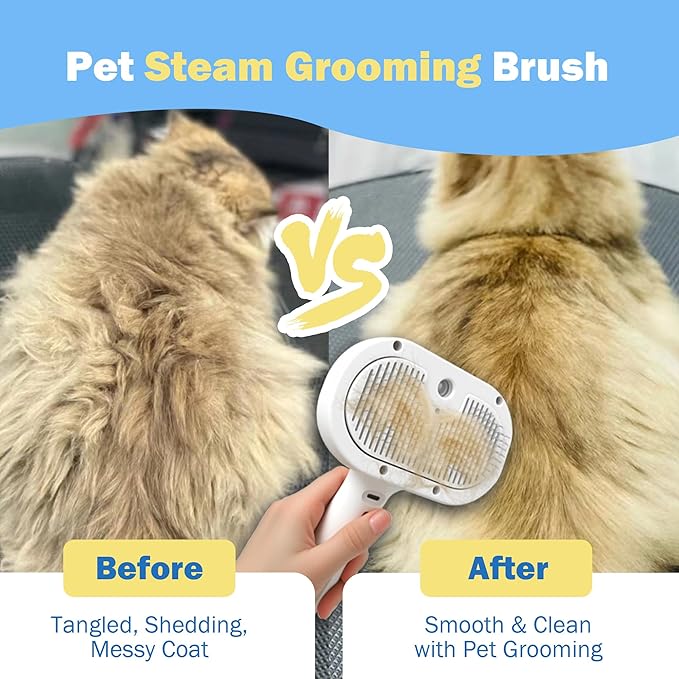 PETCHO 4-in-1 Pet Grooming Steam Brush for Cats & Dogs – Steam Spray, Blue Light, Hair Removal, Self-Cleaning Comb – Includes Pet Waterless Shampoo