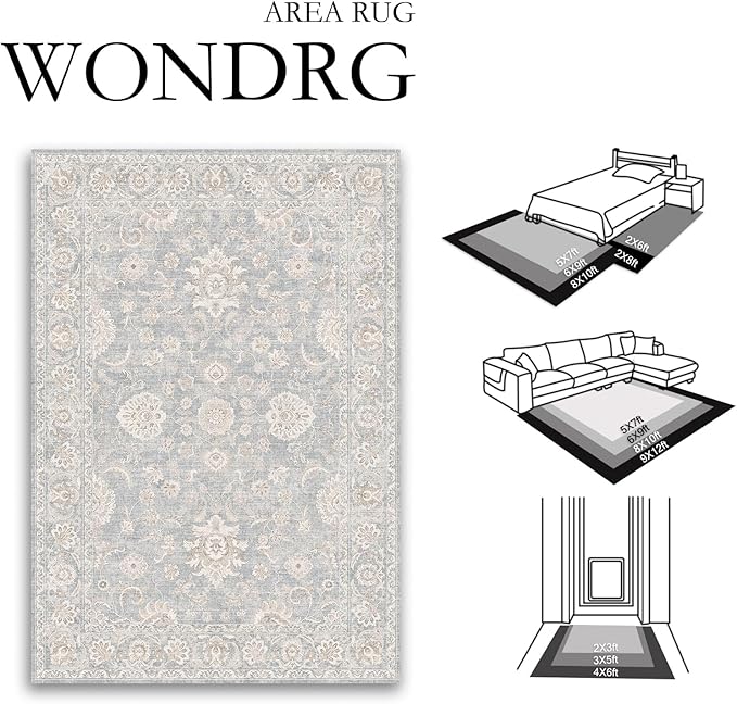 2'6x10 Blue Cream Washable Runner Rug for Kitchen Hallway Neutral Floral Soft Non Slip Rug Low Pile Distressed Carpet for Bathroom Bedroom Indoor Nursery