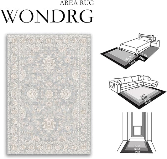 2'6x8 Blue Cream Washable Runner Rug for Kitchen Hallway Neutral Floral Soft Non Slip Rug Low Pile Distressed Carpet for Bathroom Bedroom Indoor Nursery