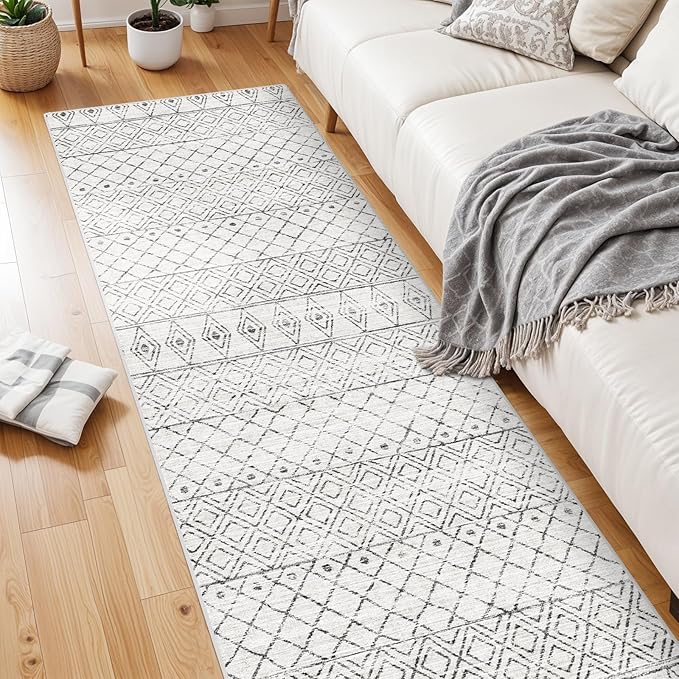 Hallway Runner Rug Washable 2'6"x8': Moroccan Non Slip Runner Rugs Soft Indoor Floor Carpet Low Pile Mat with Rubber Backing for Living Room Kitchen Bedroom 2'6"x8' Geo Grey