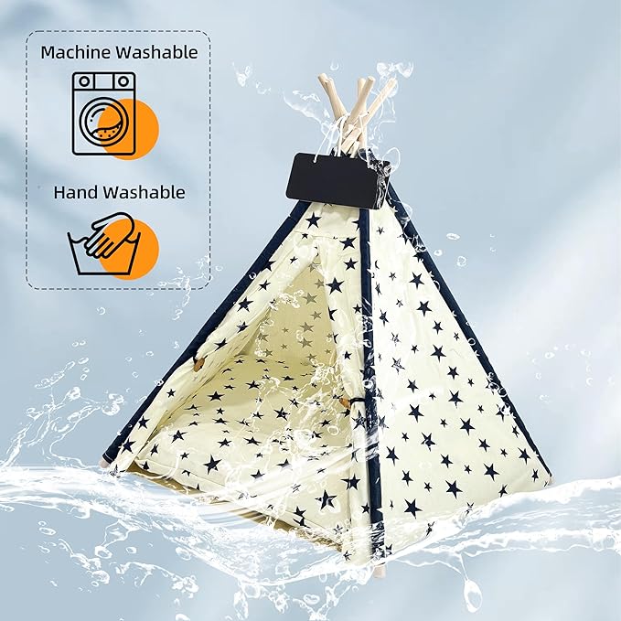 Pet Tent/Tipi for Cats & Dogs - Washable Canvas, Foldable Pet Teepee with Anti-Slip Base & Detachable Cushion | Indoor/Outdoor Safe Shelter for Pets-Beige-L