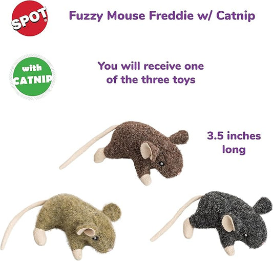 SPOT Fuzzy Mouse Freddie Cat Toy with Catnip – 3.5in Plush Mouse for Cats & Kittens, Crinkle Sound, Great for Batting, Chasing & Interactive Play – Assorted Colors