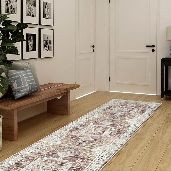 RUUGME Washable Runner Rug 2'6x12 - Hallway Runner Rug with Non Slip Backing Stain Resistant Rugs for Living Room Bedroom Vintage Distressed Mat Soft Floor Carpet for Bathroom (2'6''x12', Brick)
