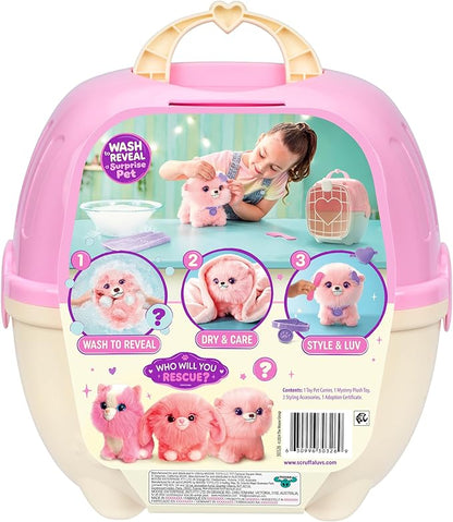 SCRUFFALUVS Pink Surprise Pet, Mystery Plush Toys, Stuffed Animals, Wash to Reveal 1 of 3 Rescue Surprise Toy Pets: Puppy, Bunny, or Kitty - Includes 8.7" Deluxe Carrier - Styles May Vary