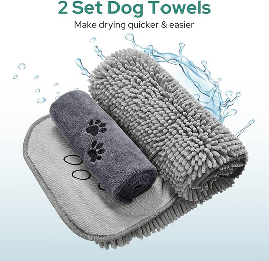 HOMEIDEAS 2 Pack Dog Towels Set, Chenille and Microfiber, Super Absorbent Soft Bath Shammy Towel with Hand Pockets for Pets Drying