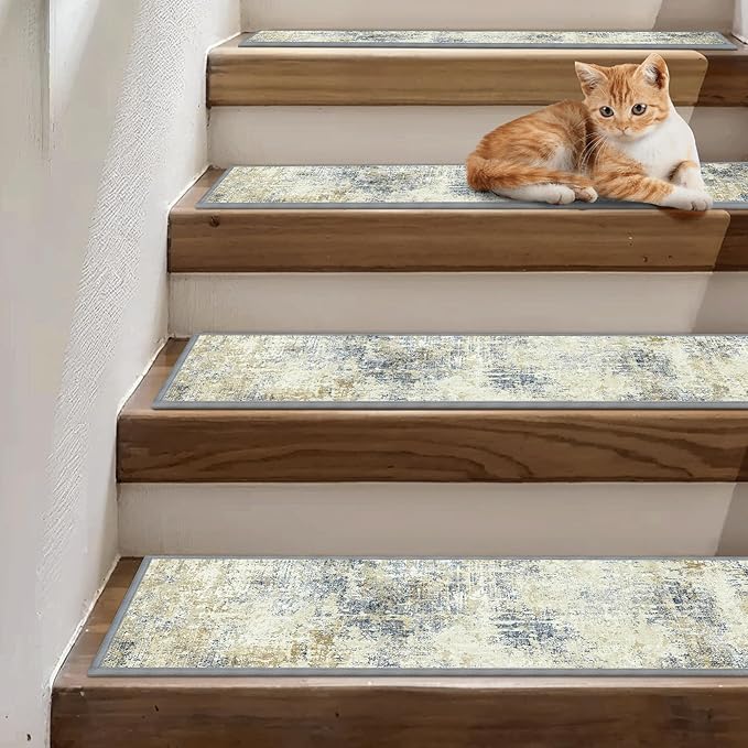 Carpet Stair Treads Non Slip 15PCS, 8" X 30" Edging Stair Runner for Wooden Steps Indoor, Resistant Stair Rugs with Reusable TPE Adhesive Backing, Residue Mat for Elders, Pets, Ivory/Denim