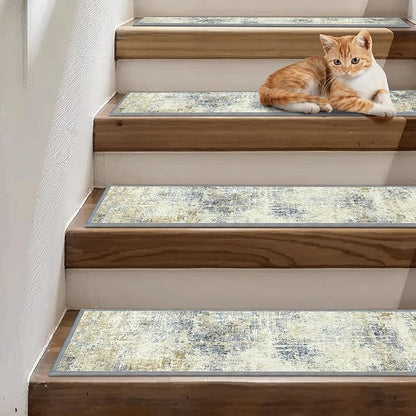 Carpet Stair Treads Non Slip 15PCS, 8" X 30" Edging Stair Runner for Wooden Steps Indoor, Resistant Stair Rugs with Reusable TPE Adhesive Backing, Residue Mat for Elders, Pets, Ivory/Denim