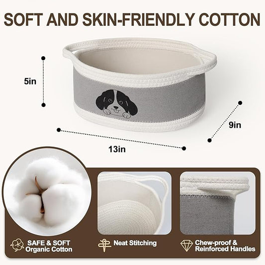 Small Dog Toy Basket, Cotton Rope and EVA Puppy Toy Bin with Cute Dog Print, Pet Toy Storage Box for Living Room Nursery, Decorative Woven Storage Pet Gift Basket Empty, 13”x9”x5”