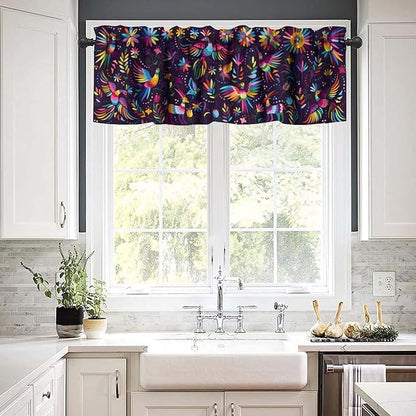 Mexican Style Valances Curtain for Kitchen Cafe, Flowers Leaves Birds Animal Background Print Window Treatment Valances Short Curtains Rod Pocket Drape for Dining Room Home Decor, 54x18inch