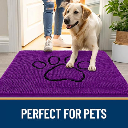 OLANLY Dog Door Mat for Muddy Paws 30x20, Paw Print Design, Absorbs Moisture and Dirt, Absorbent Non-Slip Washable Doormat, Quick Dry Chenille Mud Mat for Dogs, Entry Indoor Entryway Carpet, Purple