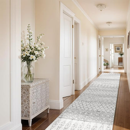 2'6"x12' Hallway Runner Rug Washable - Moroccan Non Slip Bedroom Rugs with Rubber Backing Soft Long Floor Mat Low Pile Farmhouse Carpet for Front Door Entryway 2'6"x12' Geo Grey