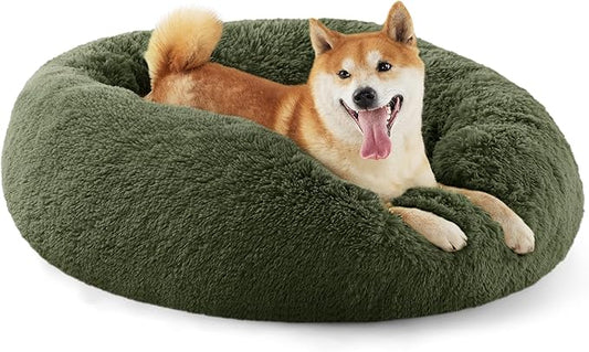Bedsure Calming Dog Bed Medium Size Dog - Donut Washable Medium Pet Bed, 30 inches Anti-Slip Round Fluffy Plush Faux Fur Cat Bed, Fits up to 45 lbs Pets, Rifle Green