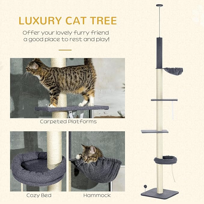 PawHut Floor to Ceiling Cat Tree, 5-Tier Cat Climbing Tower, 95''-106'' Height Adjustable with Carpeted Platforms, Cozy Bed, Hammock, Scratching Post & Toy Ball for Indoor Cats, Dark Gray and Cream