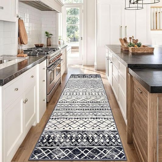 KUTA Moroccan Kitchen Rugs 3x8, Non-Slip Vintage Black Navy Blue Boho Hallway Runner Rug Ultra Soft Print Geometric Floor Carpet Runners for Bedroom Laundry Living Room