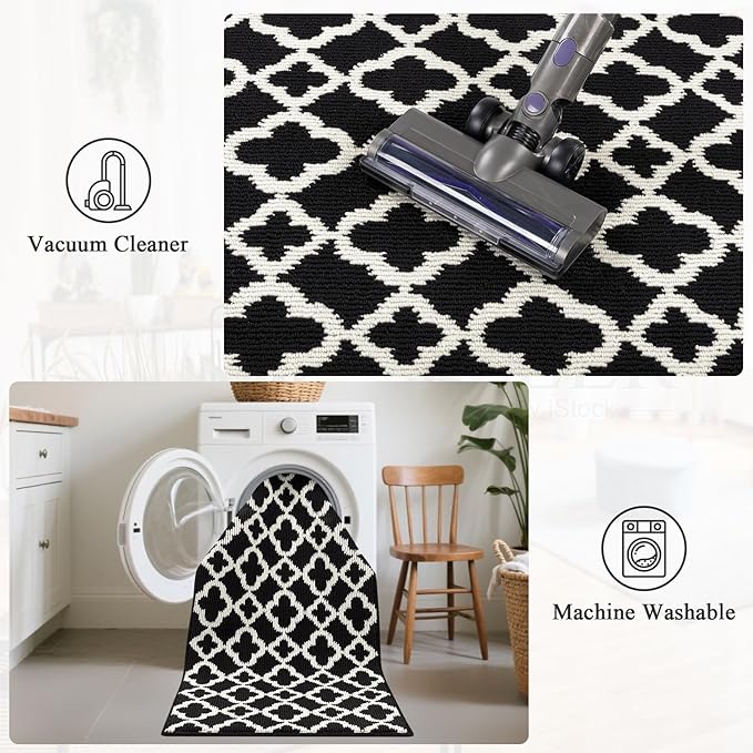 U'Artlines Long Runner Rug for Hallway 2×10feet Non Slip Kitchen Floor Carpet Runners Black and White Geometric Pattern Machine Washable Area Rug for Entryway Bathroom