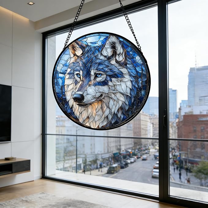 Stained Glass Window Hanging - Funny Wolf Suncatcher Ready to Hang Window Doors Home Decoration and Christmas, Mother's Day Birthday Gifts for Women, Men, and Mom 7.8x7.8 in