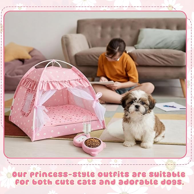 BreezeHug 3 Pieces Dog Tent Bed Cat Princess Tent with Food-Water Bowl and Washable Blanket for Small Pet, Indoor Removable Pink Nest Teepe Pet House Kit for Small Cat, Dog, Puppy, Rabbit