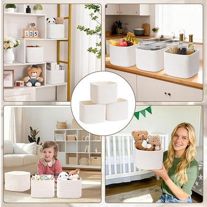 3 Pack Cube Storage Bin, 9”x9”x7” Cotton Rope Woven Baskets for Organizing Toys Clothes Towels, Square Gift Storage Baskets for Shelves, Nursery, Closet, Bathroom, Pantry (White)