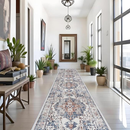 Washable 3x18 Hallway Runner Rug: Vintage Low Pile Soft Kitchen Entry Runner Long Non-Shedding Distressed Carpet for Living Room Dining Room Non Slip Thin Floor Mat for Bathroom Bedroom (3X18, Brick)