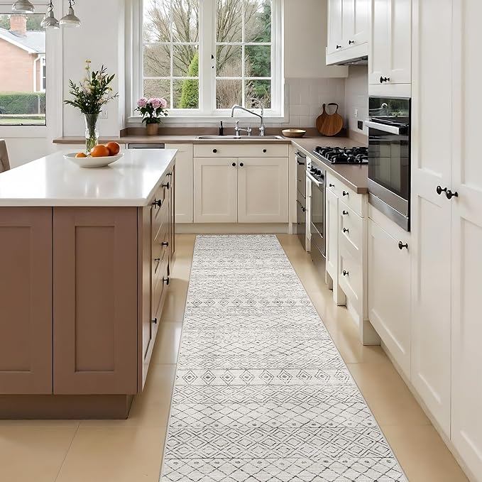 Hallway Runner Rug 2x10: Washable Non-Slip Moroccan Carpet for Kitchen Entryway Bedroom - Soft Stain Resistant Easy Clean Mat for Family with Pets 2x10 Geo Grey