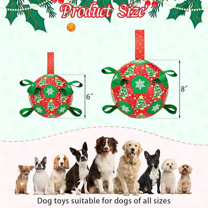 Dog Soccer Toy with Straps - Interactive Ball for Tug of War, Medium Large Dogs - Christmas Xmas Tree Snowflower Pattern