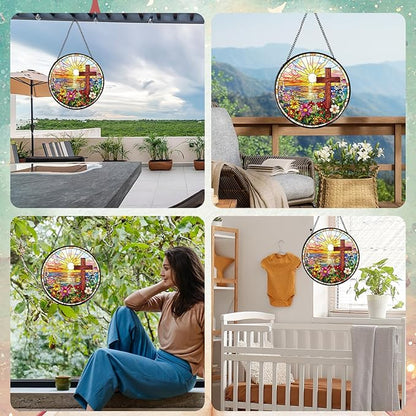 Cross Flower Stained Glass Window Hanging Gift, 7.8″ Sun Catchers Indoor Window Decor, Decorative Suncatchers Home Garden Art Religious Gift for Thanksgiving Christmas Housewarming