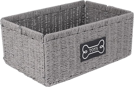Geyecete dog toy basket,square Living pet toy bin basket Wicker dog toy box Foldable Pet Toy Storage Organizer, Grey Paper Rope & Steel Wire Basket