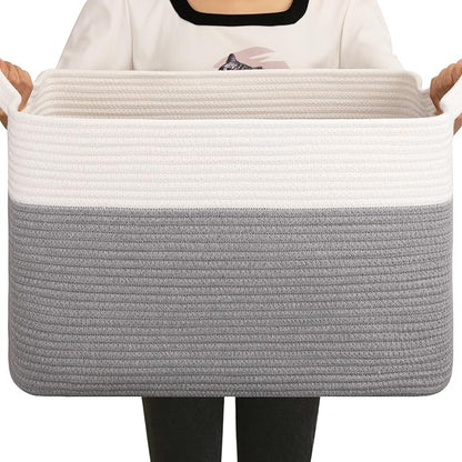OIAHOMY Large Storage Basket, Cotton Rope Woven Blanket Basket, Toy Bin for Baby Room, Container for Blanket Storage in Living Room, 20''×16''×12'', Grey & White