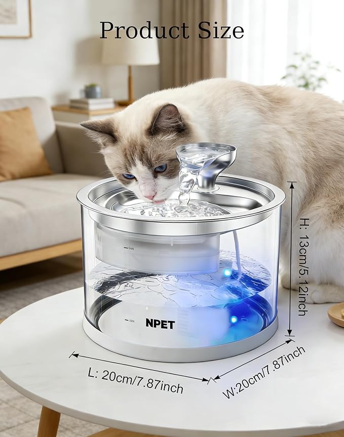 NPET N280 Cat Water Fountain Glass, 95oz/2.8L Automatic Pet Fountain Dog Stainless Steel Tray, Water Dispenser for Cats, Dogs, Multiple Pets (Water Fountain + 5 Filters)