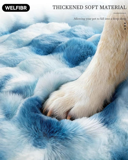 Dog Bed with Shredded Foam Filling, 35" *25" Calming Pet Sofa with Removable Washable Cover, Soft Faux Fur Bolster Couch for Dogs, Anti-Slip Bottom (Tie-Dyed Blue, Small)