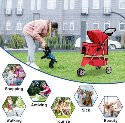 Best 3 Wheels Pet Stroller for Dog Stroller Cat Stroller, Lightweight and Foldable Pet Jogger Stroller, Carrier Strolling Cart W/Cup Holders Removable Liner for Small and Medium Dog Cat or Pet - Red