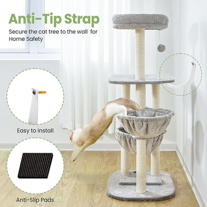 Small Cat Tree Tower with Lots of Scratching Posts - 42 Inch Medium Compact Cats Scratch House with Hammock Perch for Multi Level 2 Kitty - Indoor Corner Cat Bed Condo Climbing Gym Towers Furniture