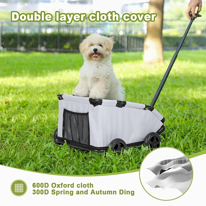 Mini Dog Strollers for Mini Pets, Foldable Multifunctional Shopping Carts with Extendable Pull Handle, Doggie Wagon Built-in Cushion and Safety Rope with Storage Bag (Light Grey)