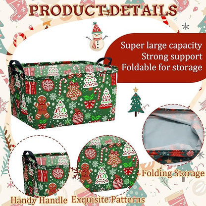 4 Pack Christmas Storage Bin Collapsible Large Christmas Storage Baskets for Gifts Xmas Tree Canvas Laundry Basket Foldable Box with Handle for Office Home Bedroom Clothes Toys Holiday Decor