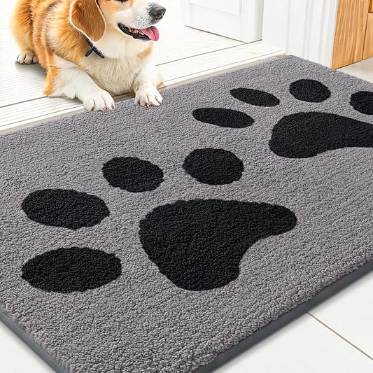 Smiry Dog Door Mat for Muddy Paws, Absorbs Moisture and Dirt, Low-Profile Entryway Mat with Non-Slip Backing, Entry Indoor Outdoor Doormat for Inside Floor (30x20 Inches, Grey, Paw)