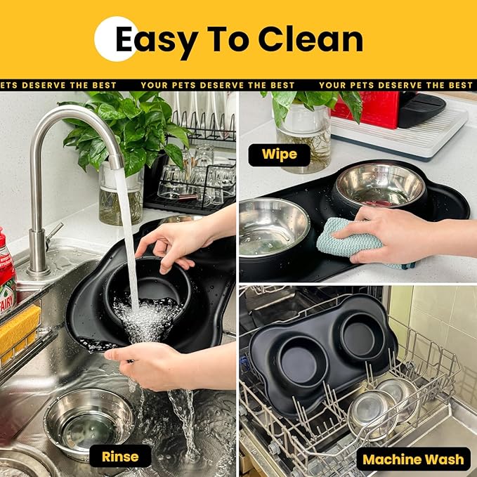 Dog Bowls with Non-Slip Silicone Mat, Spill Proof Large Food & Water Bowls Set, Easy Clean Dog Food Dish, Dishwasher Safe, Suitable for Dogs Cats Pet Under 90lbs, Large, Black