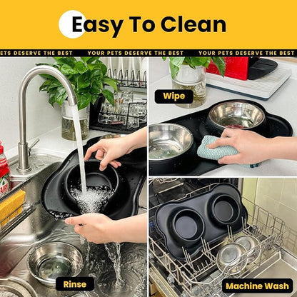 Dog Bowls with Non-Slip Silicone Mat, Spill Proof Large Food & Water Bowls Set, Easy Clean Dog Food Dish, Dishwasher Safe, Suitable for Dogs Cats Pet Under 90lbs, Large, Black