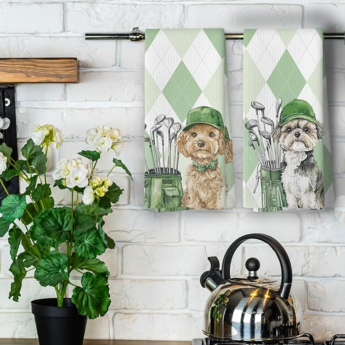 Golf Dog Kitchen Towels - Bichon Frise Shih Tzu Dish Towels, Sports Gifts, Pet Golf Club Decorative Absorbent Dishcloths Hand Towels Set of 2 for Spa Kitchen Gym Decor 16x24 Inches